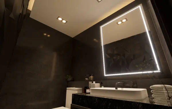 Aynalı lavaboları olan koyu gri bir banyo. Modern mermer banyonun minimalist tasarımı. 3D görüntüleme, insan yok..