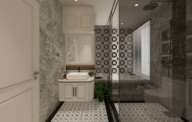 3D görüntüleme modern ana banyo tam sahne iç tasarım.