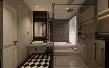 3D görüntüleme modern ana banyo tam sahne iç tasarım.