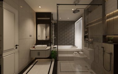 3D görüntüleme modern ana banyo tam sahne iç tasarım.