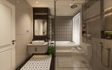 3D görüntüleme modern ana banyo tam sahne iç tasarım.