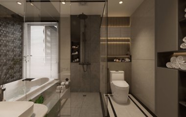 3D görüntüleme modern ana banyo tam sahne iç tasarım.