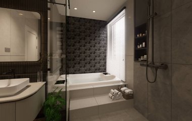 3D görüntüleme modern ana banyo tam sahne iç tasarım.