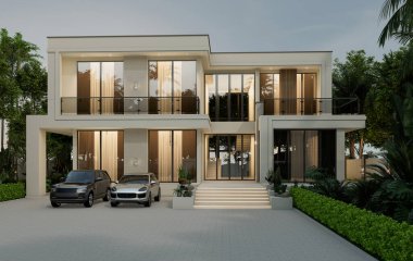 İki katlı bir ev, büyük bir bahçe alanı, garajı ve doğal manzarası olan bir park yeri. 3B görüntüleme.