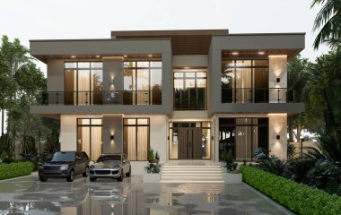 İki katlı bir ev, büyük bir bahçe alanı, garajı ve doğal manzarası olan bir park yeri. 3B görüntüleme.