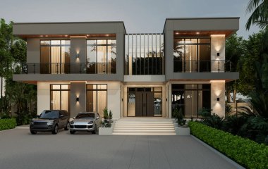 İki katlı bir ev, büyük bir bahçe alanı, garajı ve doğal manzarası olan bir park yeri. 3B görüntüleme.