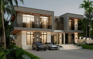 İki katlı bir ev, büyük bir bahçe alanı, garajı ve doğal manzarası olan bir park yeri. 3B görüntüleme.