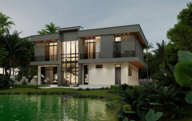 İki katlı bir ev, büyük bir bahçe alanı, garajı ve doğal manzarası olan bir park yeri. 3B görüntüleme.