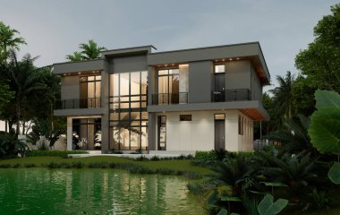 İki katlı bir ev, büyük bir bahçe alanı, garajı ve doğal manzarası olan bir park yeri. 3B görüntüleme.