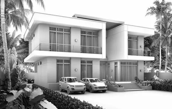 İki katlı bir ev, büyük bir bahçe alanı, garajı ve doğal manzarası olan bir park yeri. 3 boyutlu görüntüleme. Beyaz bir arka planda beyaz bir ton. Renksiz ve desensiz evler tasarla.