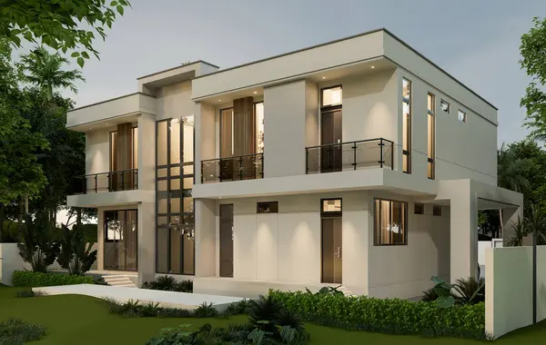 İki katlı bir ev, büyük bir bahçe alanı, garajı ve doğal manzarası olan bir park yeri. 3B görüntüleme.