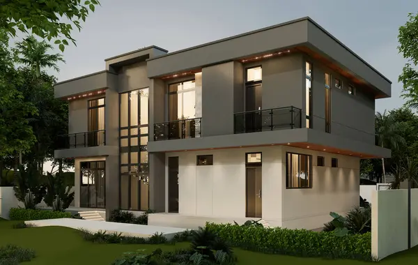 İki katlı bir ev, büyük bir bahçe alanı, garajı ve doğal manzarası olan bir park yeri. 3B görüntüleme.