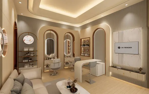 3D Rending Modern güzellik salonu iç dizili koltuklar ve aynalar, masa üzerinde kozmetik. Cilt bakımı ya da kuaför salonu.