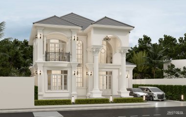 3D tasarımı modern iki katlı, garajlı ve doğal manzaralı ev tasarımı..