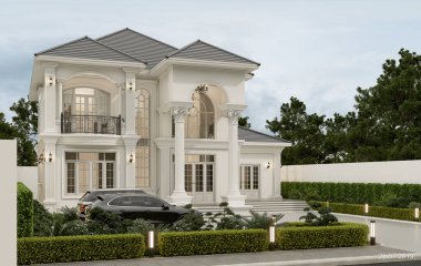 3D tasarımı modern iki katlı, garajlı ve doğal manzaralı ev tasarımı..