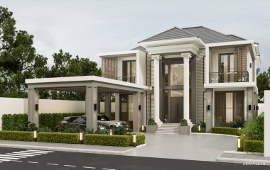 3D tasarımı modern iki katlı, garajlı ve doğal manzaralı ev tasarımı..