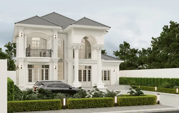 3D tasarımı modern iki katlı, garajlı ve doğal manzaralı ev tasarımı..