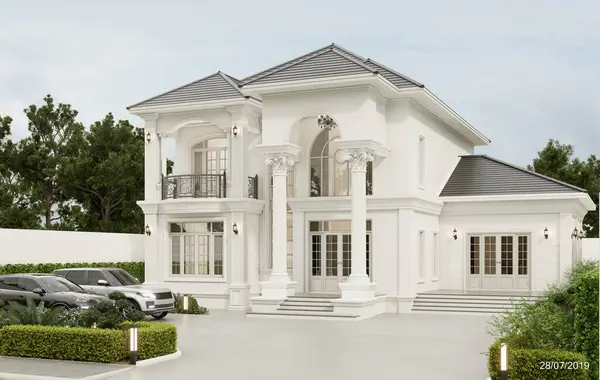 3D tasarımı modern iki katlı, garajlı ve doğal manzaralı ev tasarımı..