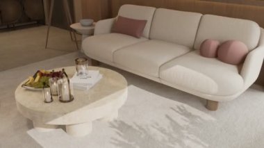Yaratıcı modern minimalist koyu kahverengi oturma odası güneş ışığı ve yeşil ağaçla. 3 boyutlu görselleştirme. Yüksek kaliteli 4K video. 3B Görüntü