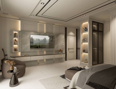 Dekoratif tasarımın 3 boyutlu çizimi, lüks yatak odası, klasik mimari. Ev İçleri.