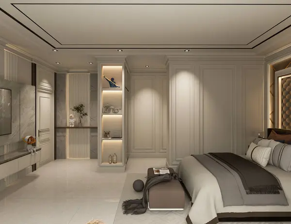 Dekoratif tasarımın 3 boyutlu çizimi, lüks yatak odası, klasik mimari. Ev İçleri.