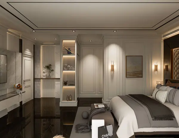 İç tasarımın 3 boyutlu çizimi, lüks yatak odası, klasik mimari. Ev İçleri.