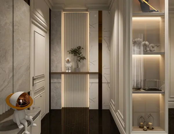 İç tasarımın 3 boyutlu çizimi, lüks yatak odası, klasik mimari. Ev İçleri.