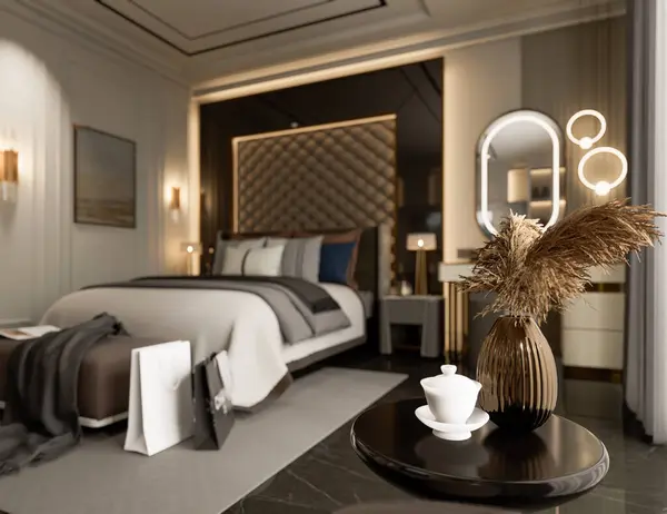 İç tasarımın 3 boyutlu çizimi, lüks yatak odası, klasik mimari. Ev İçleri.