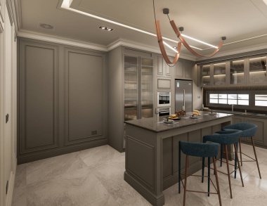 Mutfağın içi klasik modern ve cazibeli tarzların bir kombinasyonu olarak tasarlandı. Gri dekoratif dolaplar siyah mermer ve altın detaylarla uyumlu. 3d illüstrasyon