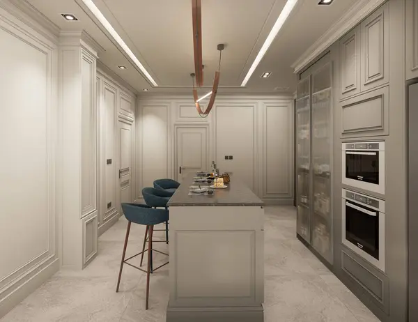 Mutfağın içi klasik modern ve cazibeli tarzların bir kombinasyonu olarak tasarlandı. Gri dekoratif dolaplar siyah mermer ve altın detaylarla uyumlu. 3d illüstrasyon