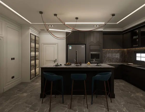 Mutfağın 3 boyutlu çizimi klasik modern ve cazibeli tarzların bir kombinasyonu olarak tasarlanmıştır. Dolapların gri dekoratif önleri siyah mermerle uyumlu..
