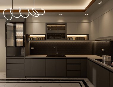 Seramik döşeme üzerinde buzdolabı ve tavan ışıklandırması olan 3D Rending Siyah mutfak iç dolap.