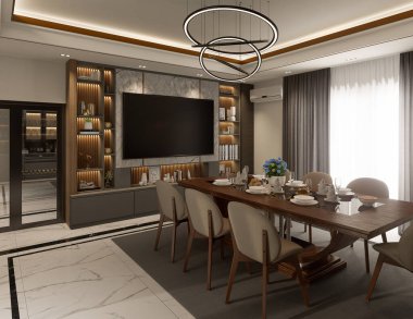 İç mekan, iç mekan, iç mekan, üç boyutlu dekorasyon, raflarda inşa edilmiş duvarları dekore et..