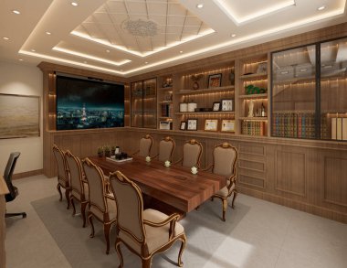Modern klasik toplantı odasının içi ahşap mobilyalar ve pencerelerle dolu. 3B Hazırlama.