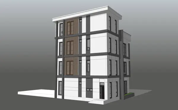 Bir apartmanın 3 boyutlu tasarımı modern klasik 4 katlı model gri arka planda.