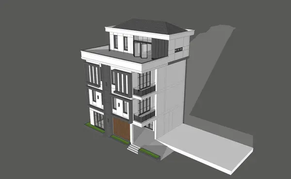 Bir apartmanın 3 boyutlu tasarımı modern klasik 4 katlı model gri arka planda.
