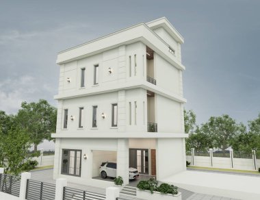 Akşam manzarasında çimenlik çimenli modern bir apartmanın 3 boyutlu görüntüsü.