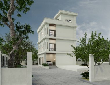 Akşam manzarasında çimenlik çimenli modern bir apartmanın 3 boyutlu görüntüsü.