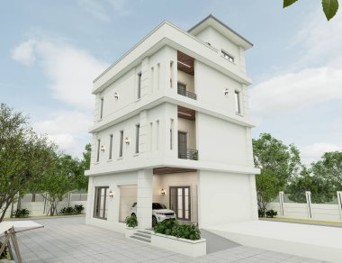 Akşam manzarasında çimenlik çimenli modern bir apartmanın 3 boyutlu görüntüsü.