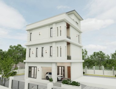 Akşam manzarasında çimenlik çimenli modern bir apartmanın 3 boyutlu görüntüsü.