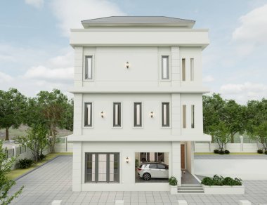 Akşam manzarasında çimenlik çimenli modern bir apartmanın 3 boyutlu görüntüsü.