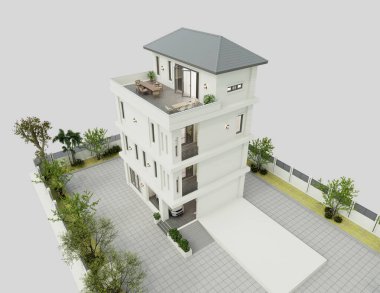 Akşam manzarasında çimenlik çimenli modern bir apartmanın 3 boyutlu görüntüsü.
