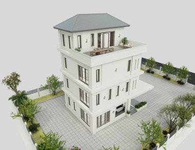 Akşam manzarasında çimenlik çimenli modern bir apartmanın 3 boyutlu görüntüsü.