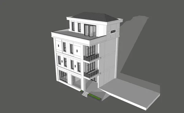 Bir apartmanın 3 boyutlu tasarımı modern klasik 4 katlı model gri arka planda.