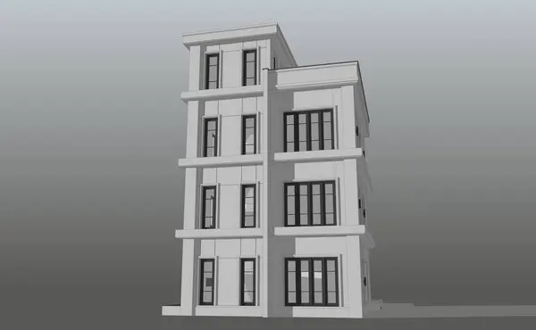 Bir apartmanın 3 boyutlu tasarımı modern klasik 4 katlı model gri arka planda.