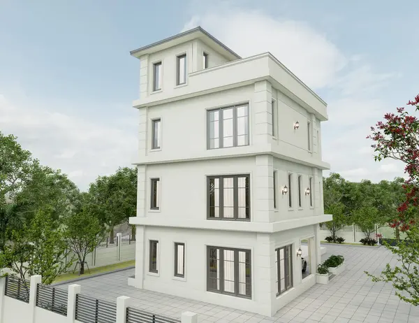 Akşam manzarasında çimenlik çimenli modern bir apartmanın 3 boyutlu görüntüsü.