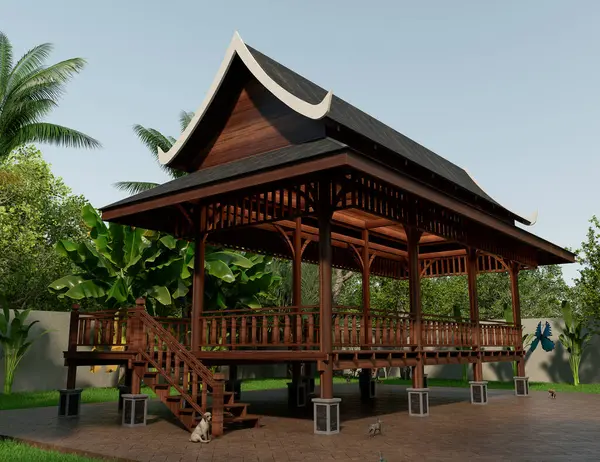 Tropikal iklimde ahşap pavyon 3B oluşturma.