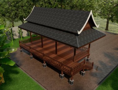 Tropikal iklimde ahşap pavyon 3B oluşturma.