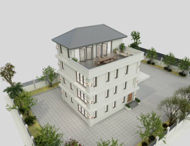 Akşam manzarasında çimenlik çimenli modern bir apartmanın 3 boyutlu görüntüsü.