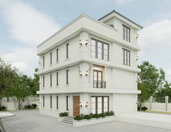 Akşam manzarasında çimenlik çimenli modern bir apartmanın 3 boyutlu görüntüsü.